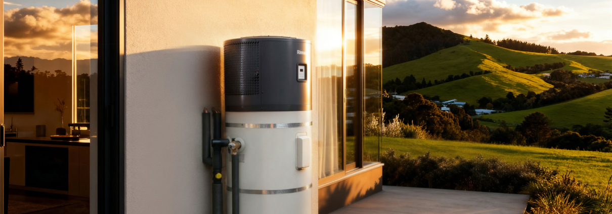 Rinnai hydraheat heat pump hot water cylinder installed outside a house