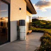 Rinnai hydraheat heat pump hot water cylinder installed outside a house