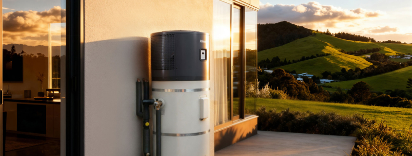 Rinnai hydraheat heat pump hot water cylinder installed outside a house